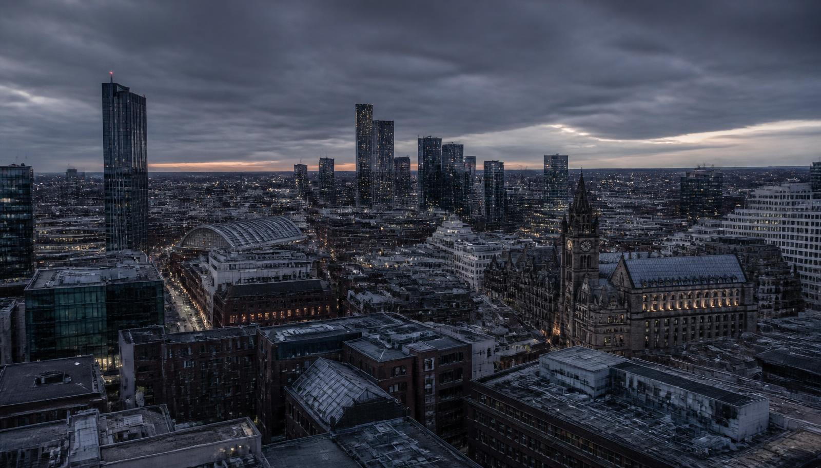 Manchester city centre skyline at dusk